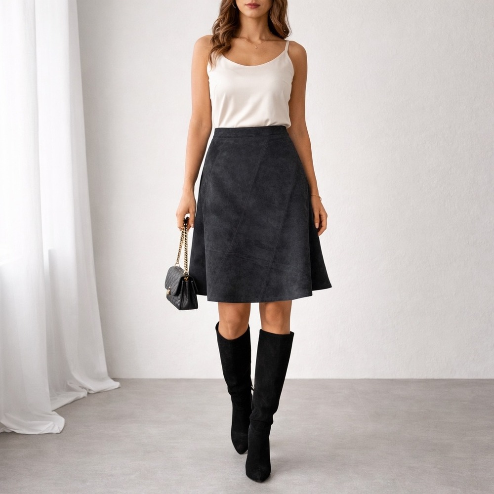 Vtg Danier Genuine Leather Black Suede Midi A-Line Skirt‎ 12 Minimalist Capsule